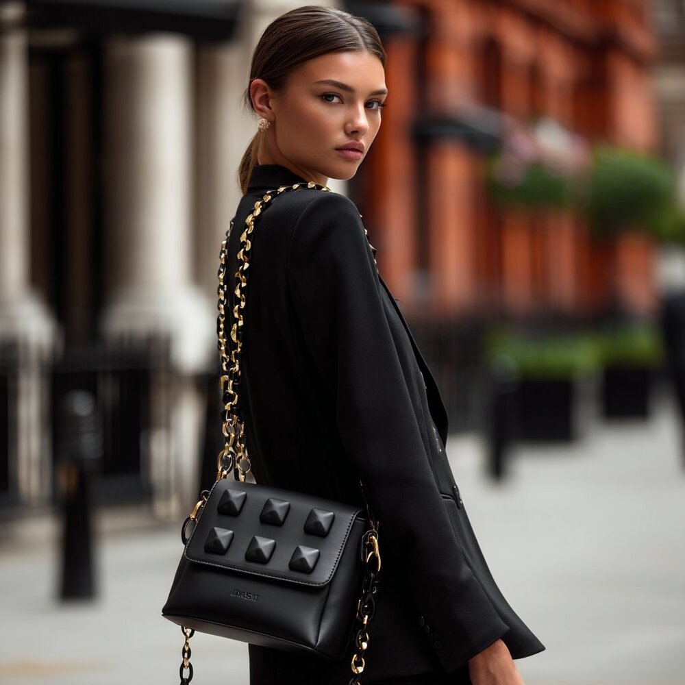 DASTI Studded Crossbody Handbag Black – Medium Size Purse + Yellow Option